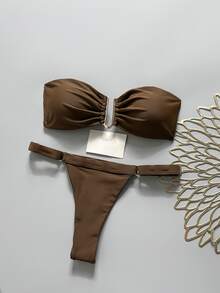SHEIN Swim Spring Break Women's Solid Color Strapless Metal Decor Top And Thong Bikini Bottoms 2pcs Set, Minimalist Summer Beach Outfit - Brown - View 2