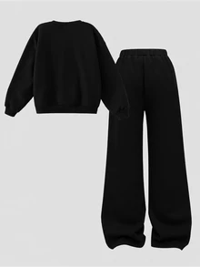 SHEIN Tween女孩美式字母印花衛衣與寬腿褲2件套，寬鬆圓領長袖上衣 + 垂墜直筒長褲，柔軟針織面料，春秋休閒灰色運動服 - 黑色 - 查看 5
