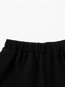 SHEIN Tween女孩美式字母印花衛衣與寬腿褲2件套，寬鬆圓領長袖上衣 + 垂墜直筒長褲，柔軟針織面料，春秋休閒灰色運動服 - 黑色 - 查看 3