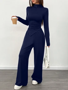 SHEIN Raffinéa 女式优雅海军蓝两件套连体裤套装，含长袖褶饰上衣和阔腿裤 - 藏蓝色 - 查看 9
