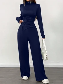 SHEIN Raffinéa 女式优雅海军蓝两件套连体裤套装，含长袖褶饰上衣和阔腿裤 - 藏蓝色 - 查看 3