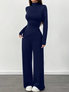 SHEIN Raffinéa 女式优雅海军蓝两件套连体裤套装，含长袖褶饰上衣和阔腿裤 - 藏蓝色 - 查看 7