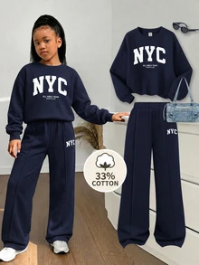 SHEIN 青少年女孩美式字母印花衛衣與寬腿褲2件套，寬鬆圓領長袖上衣 + 垂墜直筒褲，柔軟針織面料，春秋休閒灰色運動服 - 藏蓝色 - 查看 2