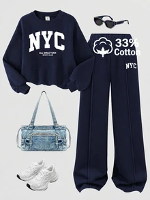 SHEIN 青少年女孩美式字母印花衛衣與寬腿褲2件套，寬鬆圓領長袖上衣 + 垂墜直筒褲，柔軟針織面料，春秋休閒灰色運動服 - 藏蓝色 - 查看 1