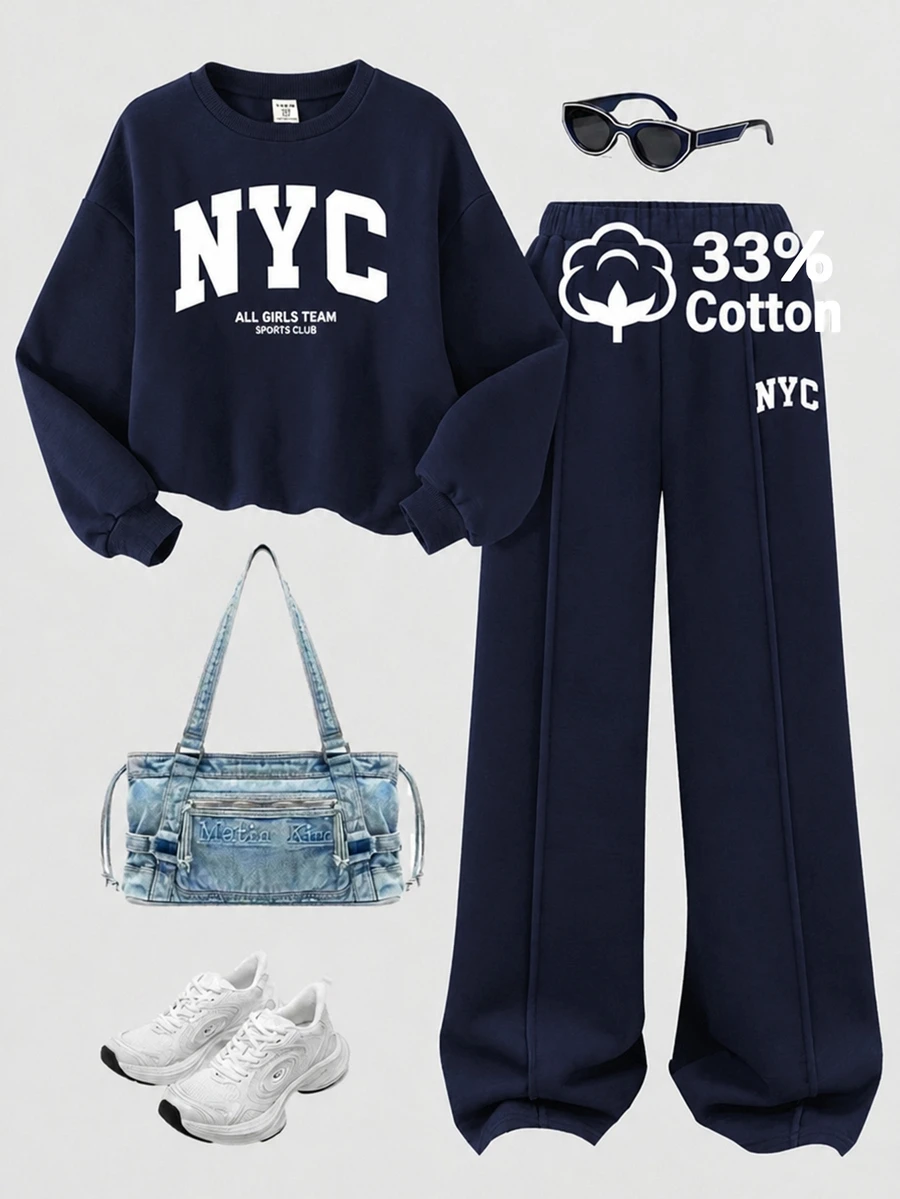 SHEIN 青少年女孩美式字母印花衛衣與寬腿褲2件套,寬鬆圓領長袖上衣 + 垂墜直筒褲,柔軟針織面料,春秋休閒灰色運動服 - 藏蓝色 - 查看 1