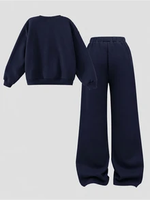 SHEIN 青少年女孩美式字母印花衛衣與寬腿褲2件套，寬鬆圓領長袖上衣 + 垂墜直筒褲，柔軟針織面料，春秋休閒灰色運動服 - 藏蓝色 - 查看 5