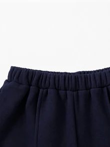 SHEIN 青少年女孩美式字母印花衛衣與寬腿褲2件套，寬鬆圓領長袖上衣 + 垂墜直筒褲，柔軟針織面料，春秋休閒灰色運動服 - 藏蓝色 - 查看 3