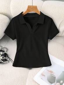 SHEIN Franclia 女款純色 Polo 領短袖休閒基礎 T 恤，日常白天穿著，黑色夏季款 - 黑色 - 查看 3