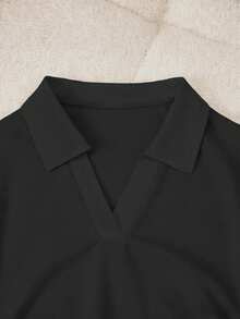 SHEIN Franclia 女款純色 Polo 領短袖休閒基礎 T 恤，日常白天穿著，黑色夏季款 - 黑色 - 查看 4
