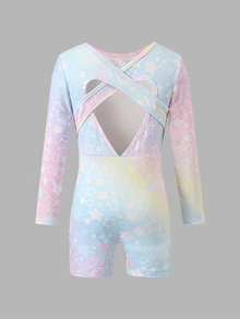 SHEIN 女童可愛針織彩色星星圖案連身運動服 - 紫色 - 查看 4