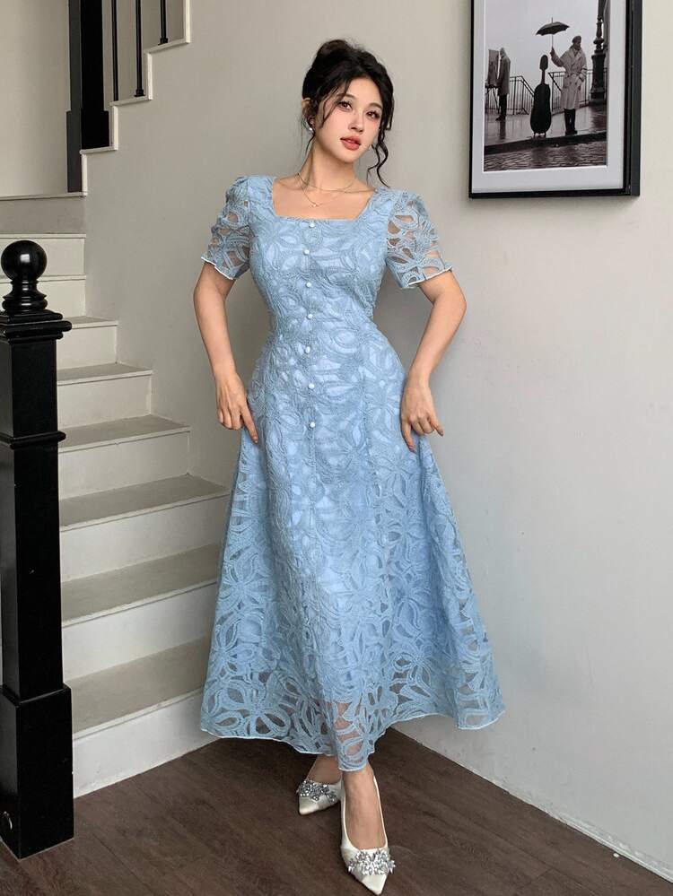 Modelyn Women's French Lace Elegant Waist Cinching Dress - Blue - View 8
