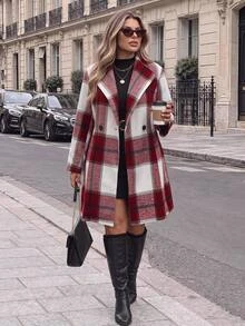 Easura Plus Size Women's Plaid Double-Breasted Long Sleeve Casual Overcoat Winter - Red and White - View 1