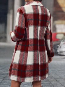 Easura Plus Size Women's Plaid Double-Breasted Long Sleeve Casual Overcoat Winter - Red and White - View 2