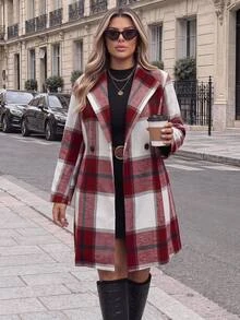 Easura Plus Size Women's Plaid Double-Breasted Long Sleeve Casual Overcoat Winter - Red and White - View 7