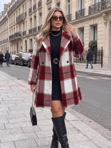 Easura Plus Size Women's Plaid Double-Breasted Long Sleeve Casual Overcoat Winter - Red and White - View 8