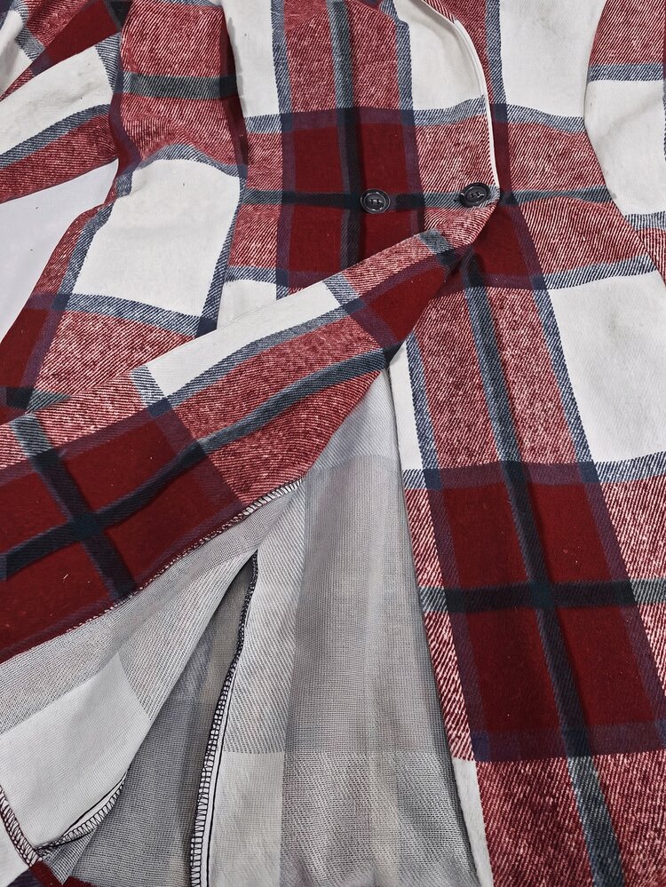 Easura Plus Size Women's Plaid Double-Breasted Long Sleeve Casual Elegant Overcoat Fall Christmas Office Formal White - Red and White - View 5