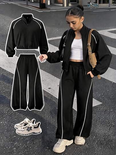 SHEIN Bộ 3 món trang phục mùa thu cho nữ teen: Áo khoác crop cổ đứng kéo khóa + Áo cami đen + Quần ống rộng suông rộng, phong cách streetwear baggy, lịch sự cho Sixth Form, đi biển