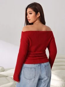 Solflare Plus Size Sexy Ribbed Long Sleeve Off-Shoulder T-Shirt - Red - View 2