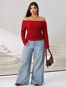 Solflare Plus Size Sexy Ribbed Long Sleeve Off-Shoulder T-Shirt - Red - View 3