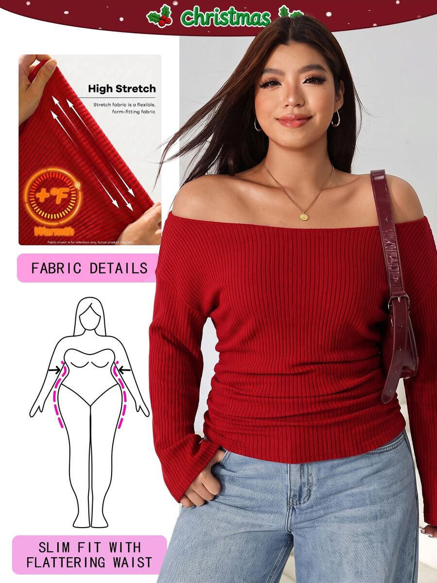 Solflare Plus Size Sexy Ribbed Long Sleeve Off-Shoulder T-Shirt - Red - View 1