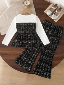 SHEIN (Gadis Muda) Atasan dengan desain blok warna, motif pita abu-abu, kerah lapel dan kancing depan, dipadukan dengan ikat pinggang kain senada dan celana lebar, cocok untuk musim semi dan gugur, sempurna untuk cuaca sejuk awal musim gugur dan jalan-jalan musim semi, ideal untuk sekolah sehari-hari, kunjungan ke taman, dan acara kumpul-kumpul. - Hitam - View 2