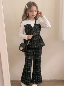 SHEIN (Gadis Muda) Atasan dengan desain blok warna, motif pita abu-abu, kerah lapel dan kancing depan, dipadukan dengan ikat pinggang kain senada dan celana lebar, cocok untuk musim semi dan gugur, sempurna untuk cuaca sejuk awal musim gugur dan jalan-jalan musim semi, ideal untuk sekolah sehari-hari, kunjungan ke taman, dan acara kumpul-kumpul. - Hitam - View 8
