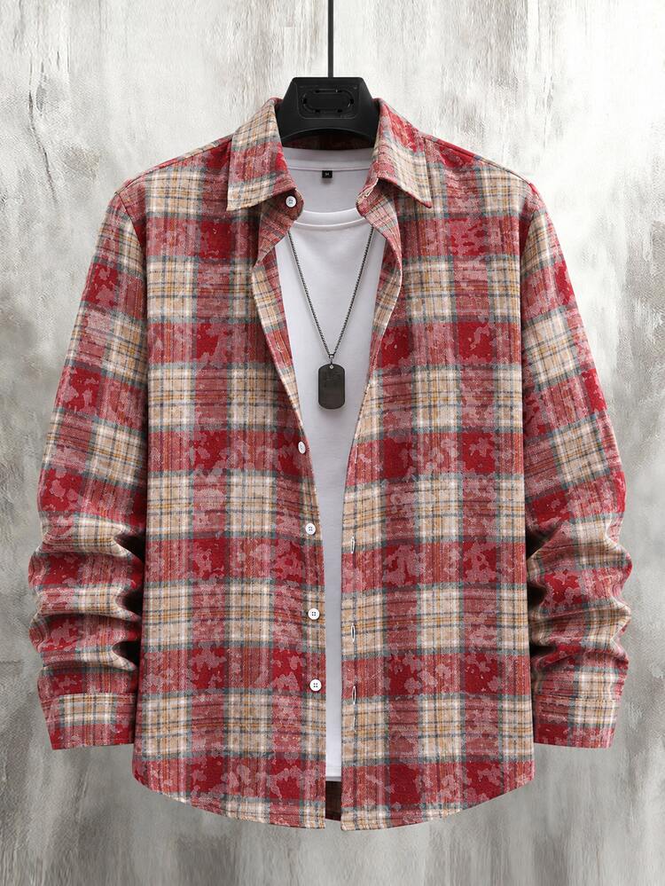 Manfinity Homme Men's Casual Vacation Plaid Button-Up Long Sleeve Shirt - Red - View 4
