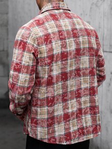 Manfinity Homme 男士休閒度假格紋鈕扣長袖襯衫 - 紅色 - 查看 2