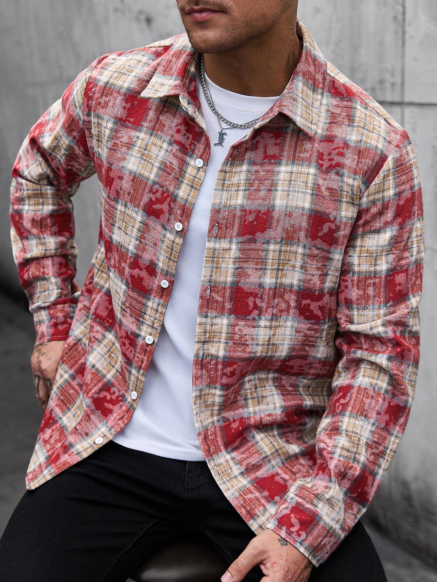Manfinity Homme Men's Casual Vacation Plaid Button-Up Long Sleeve Shirt - Red - View 1