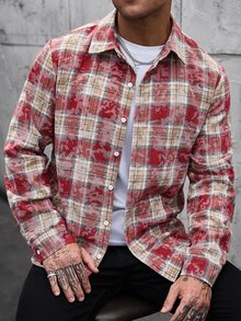Manfinity Homme 男士休閒度假格紋鈕扣長袖襯衫 - 紅色 - 查看 7
