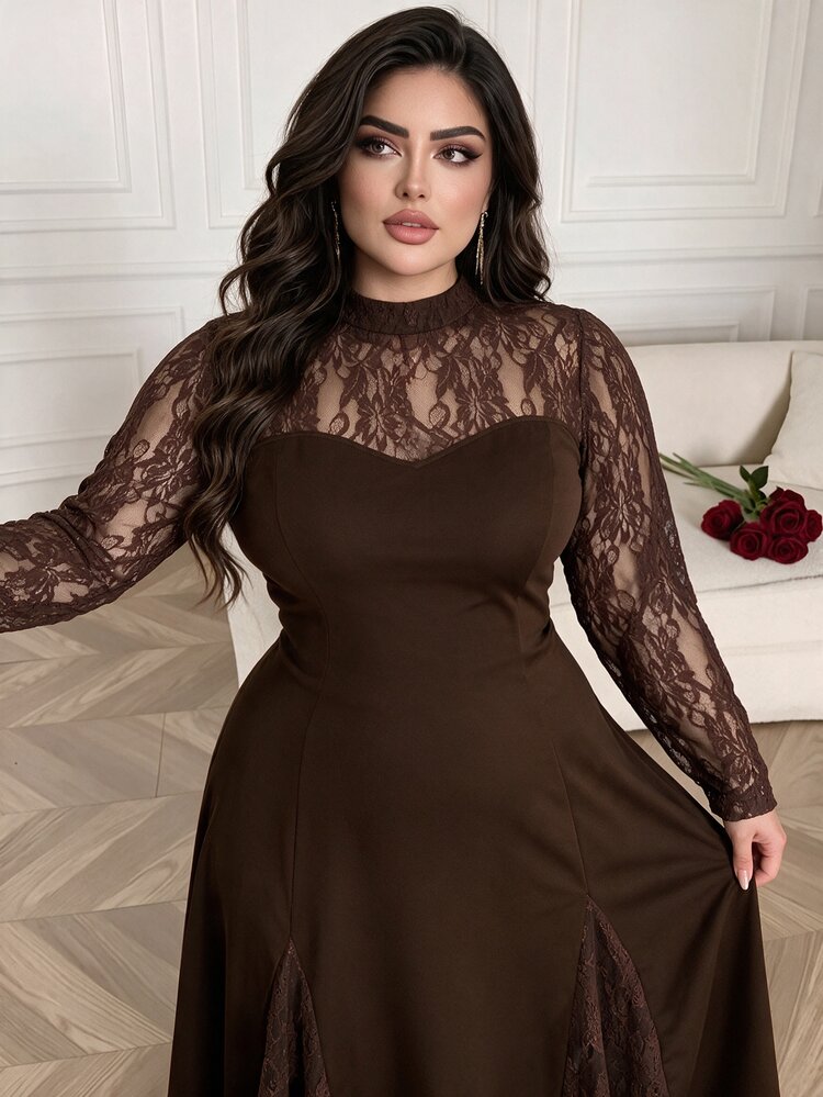 Modelyn Plus Size Women's Brown Knit Long Sleeve Lace Patchwork Cinched Waist A-Line Elegant Romantic Dress - Brown - View 5