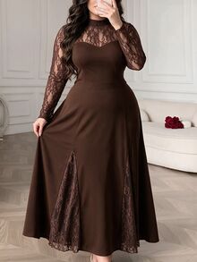 Modelyn Plus Size Women's Brown Knit Long Sleeve Lace Patchwork Cinched Waist A-Line Elegant Romantic Dress - Brown - View 4