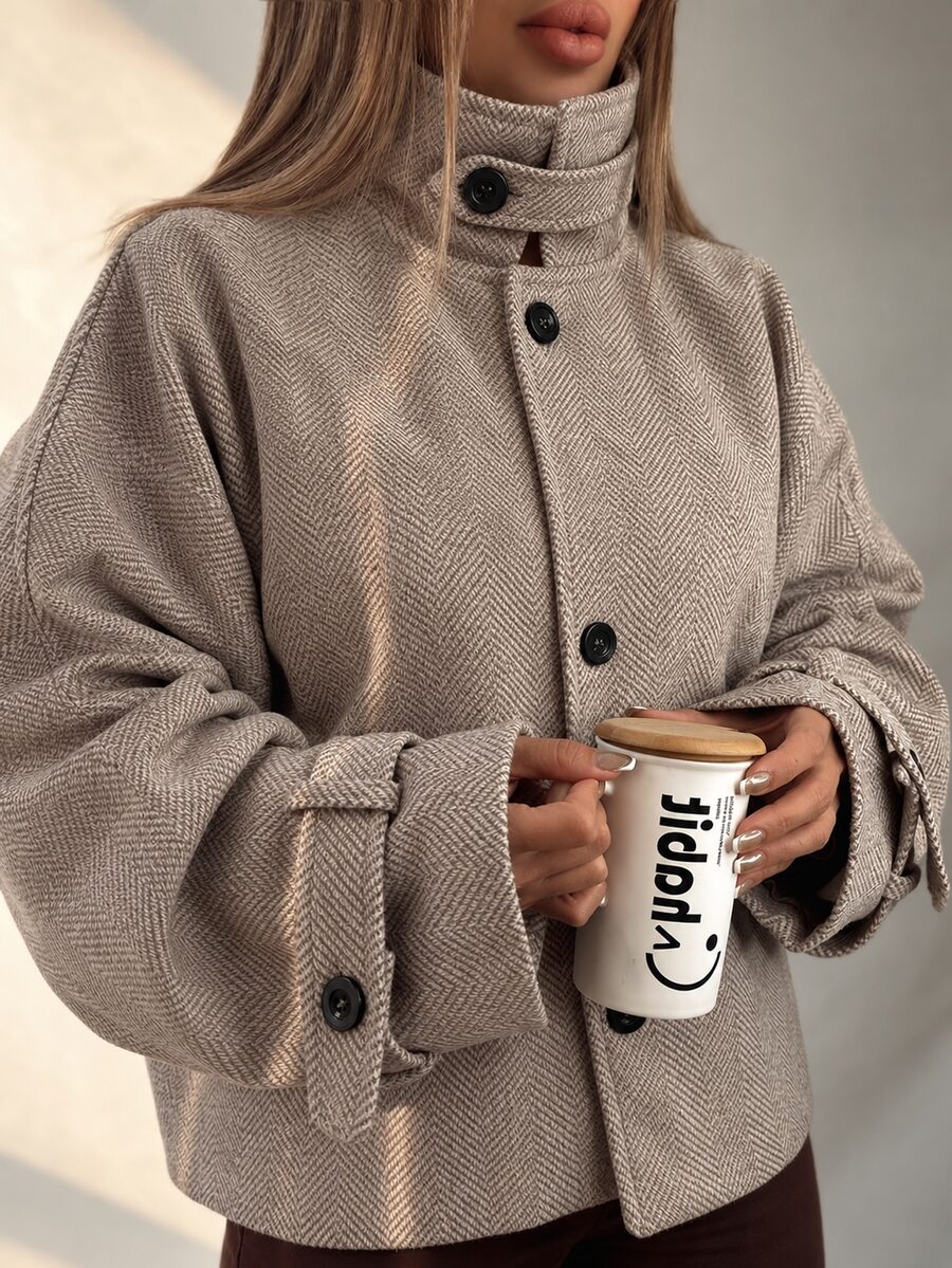 Easura Women's Plus Size Vintage Stand Collar Herringbone Pattern Slimming Autumn/Winter Outdoor Date, Daily Shopping, Light Business Commute Versatile 2-In-1 Jacket - Khaki - View 1