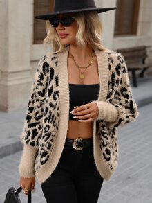 Brillora Women's Leopard Print Long Sleeve Loose Casual Streetwear Retro Knit Cardigan Everyday Travel Going Out Brunch Holiday Black And Beige Fall - Khaki - View 8