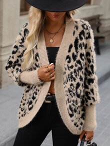 Brillora Women's Leopard Print Long Sleeve Loose Casual Streetwear Retro Knit Cardigan Everyday Travel Going Out Brunch Holiday Black And Beige Fall - Khaki - View 2