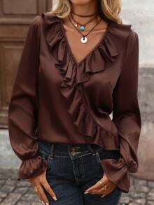 Brillora Dark Brown Ruffle V Neck Wrap Blouse Dinner Urban Style Romantic Satin Elegant Fashionable Tops Daily Commute Brunch Office Tea Party Fall - Brown - View 3