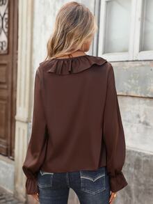 Brillora Dark Brown Ruffle V Neck Wrap Blouse Dinner Urban Style Romantic Satin Elegant Fashionable Tops Daily Commute Brunch Office Tea Party Fall - Brown - View 2