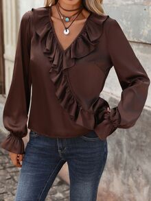 Brillora Dark Brown Ruffle V Neck Wrap Blouse Dinner Urban Style Romantic Satin Elegant Fashionable Tops Daily Commute Brunch Office Tea Party Fall - Brown - View 5