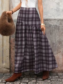 Brillora 女款春夏休閒復古優雅波希米亞老錢風 70 年代度假 A 字條紋印花寬鬆裙 荷葉邊鄉村風 節慶派對 灰色格紋 - 彩色 - 查看 7