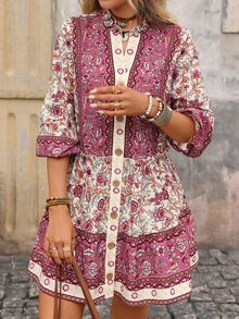 Brillora Women's Casual Old Money Sexy Tropical Floral Print Short Dress For Vacation Boho Border Ruffle Neck Lantern Sleeve Button Front Mini Autumn Beige - Purple - View 4