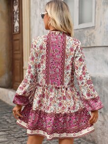 Brillora Women's Casual Old Money Sexy Tropical Floral Print Short Dress For Vacation Boho Border Ruffle Neck Lantern Sleeve Button Front Mini Autumn Beige - Purple - View 3