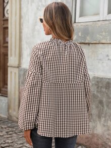 Brillora Women's Plaid Round Neck Lantern Sleeve French Elegant 80s Retro Tropical Loose Blouse, Fall, Brown And White Polka Dot, Brunch Picnic Vacation Office - Brown - View 2