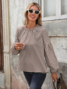 Brillora Women's Plaid Round Neck Lantern Sleeve French Elegant 80s Retro Tropical Loose Blouse, Fall, Brown And White Polka Dot, Brunch Picnic Vacation Office - Brown - View 4