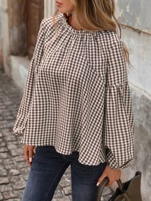 Brillora Women's Plaid Round Neck Lantern Sleeve French Elegant 80s Retro Tropical Loose Blouse, Fall, Brown And White Polka Dot, Brunch Picnic Vacation Office - Brown - View 3