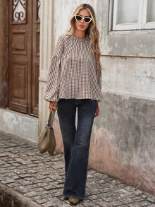 Brillora Women's Plaid Round Neck Lantern Sleeve French Elegant 80s Retro Tropical Loose Blouse, Fall, Brown And White Polka Dot, Brunch Picnic Vacation Office - Brown - View 7