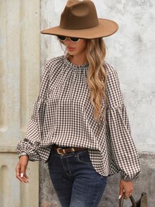 Brillora Women's Plaid Round Neck Lantern Sleeve French Elegant 80s Retro Tropical Loose Blouse, Fall, Brown And White Polka Dot, Brunch Picnic Vacation Office - Brown - View 6