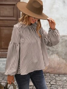 Brillora Women's Plaid Round Neck Lantern Sleeve French Elegant 80s Retro Tropical Loose Blouse, Fall, Brown And White Polka Dot, Brunch Picnic Vacation Office - Brown - View 5