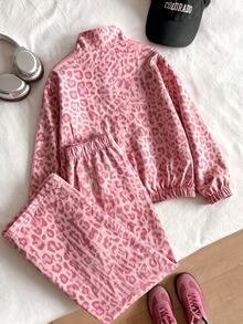 Casuvi Kids Young Girl Bow Leopard Print Zipper Front Jacket And Pants Casual Set - Multicolor - View 2