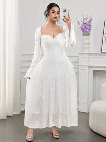 Feyla Plus Size Elegant Party Solid Color Textured Flare Sleeve Dress Lace Dress White Lace Fall - White - View 5