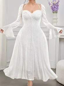 Feyla Plus Size Elegant Party Solid Color Textured Flare Sleeve Dress Lace Dress White Lace Fall - White - View 4